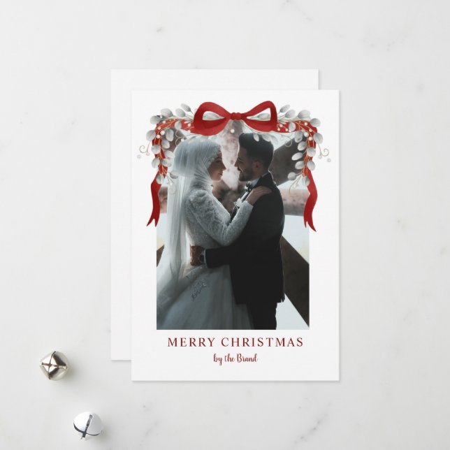 Cartes Pour Fêtes Annuelles Elegant Red Bow and Eucalyptus Photo Christmas Ar (Devant/Arrière en situation)