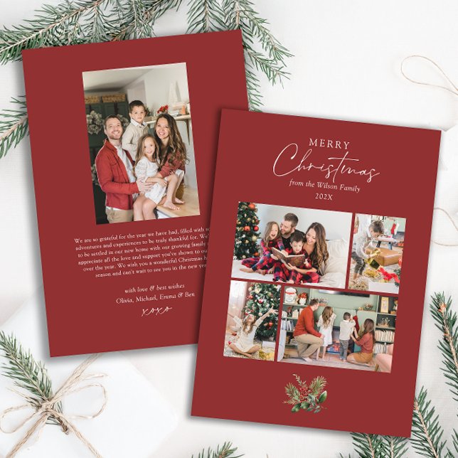 Cartes Pour Fêtes Annuelles Élégant Red Christmas Green Photo Collage (Créateur téléchargé)