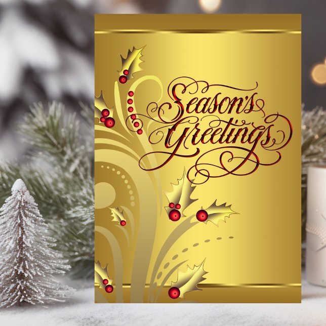 Cartes Pour Fêtes Annuelles Élégant Red Gold Holly Noël chrétien (Christian Christmas card with elegant red and gold design.)