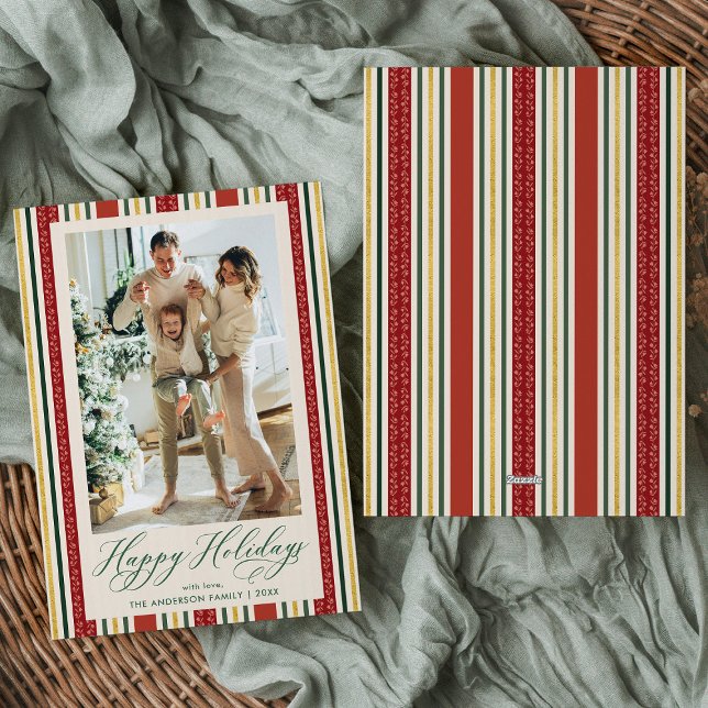 Cartes Pour Fêtes Annuelles Elégant Red Gold Stripes Happy Holidays Photo (Créateur téléchargé)