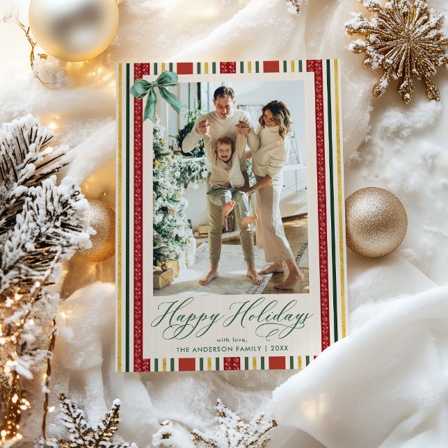 Cartes Pour Fêtes Annuelles Elégant Retro Stripes Bow Happy Holidays 1 Photo (Créateur téléchargé)