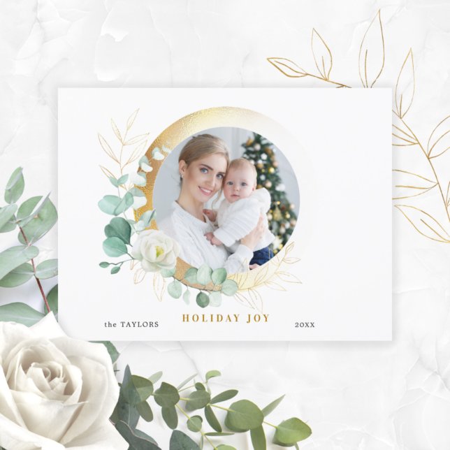 Cartes Pour Fêtes Annuelles Elégant Rose, Eucalyptus et Round Gold Photo (Créateur téléchargé)