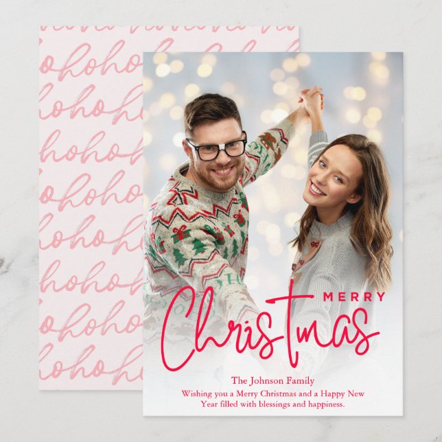 Cartes Pour Fêtes Annuelles Élégant rose joyeux photo de Noël (Devant / Derrière)
