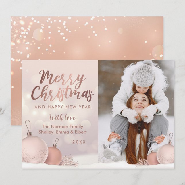 Cartes Pour Fêtes Annuelles Élégant Rose or rose ornement de Noël photo (Devant / Derrière)