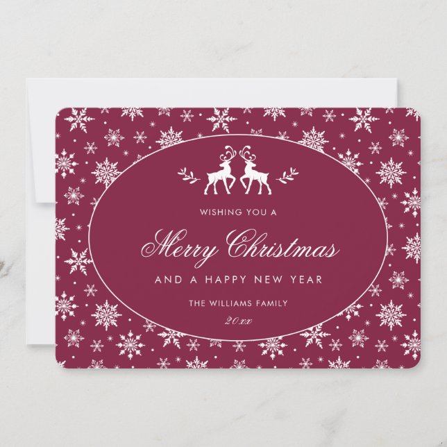 Cartes Pour Fêtes Annuelles Élégant rouge bordeaux blanc flocon de neige renne (Devant)