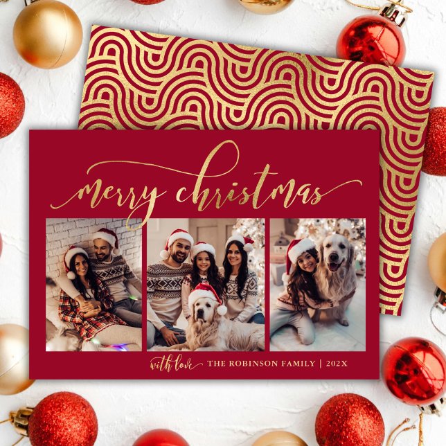 Cartes Pour Fêtes Annuelles Élégant Rouge et Gold Script 3 photo Noël (Créateur téléchargé)
