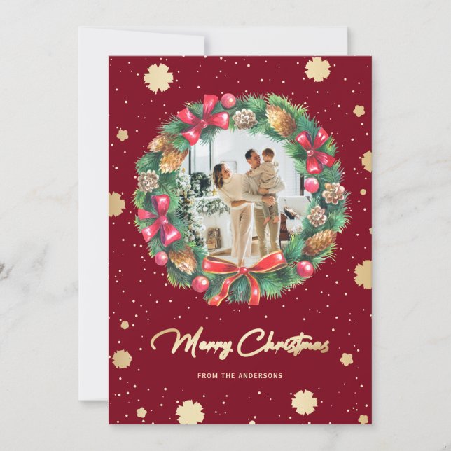 Cartes Pour Fêtes Annuelles Élégant Rouge Gold Snowflakes Wreath Photo (Devant)