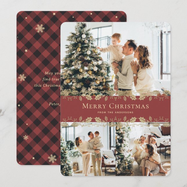 Cartes Pour Fêtes Annuelles Élégant Rouge Or Holly Plaid Photo Noël (Devant / Derrière)
