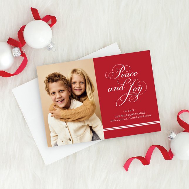 Cartes Pour Fêtes Annuelles Elégant Rouge Paix et Joie Script Photo (Créateur téléchargé)