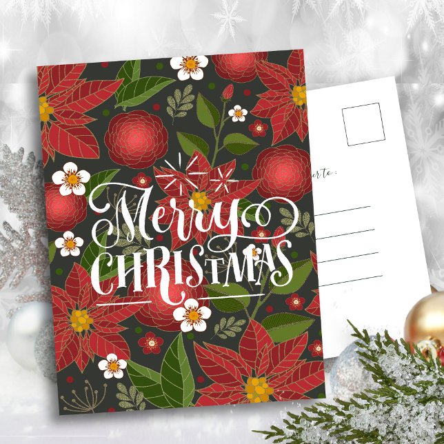 Cartes Pour Fêtes Annuelles Élégant Rouge Poinsettia Floral Script moderne (Créateur téléchargé)