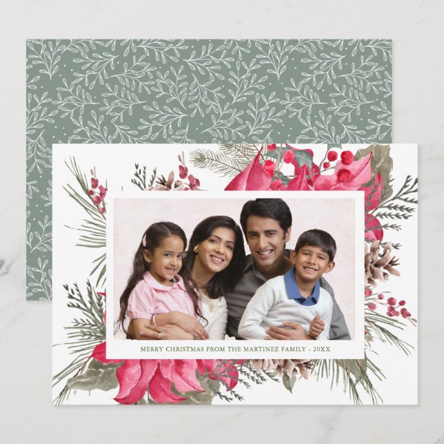 Cartes Pour Fêtes Annuelles Élégant Rouge Poinsettia Photo Noël (Devant / Derrière)