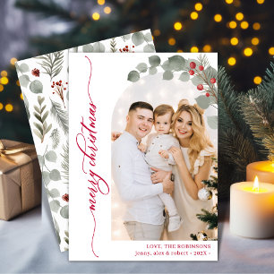 Cartes Pour Fêtes Annuelles Élégant Rouge Script Foliage Photo Arch Noël
