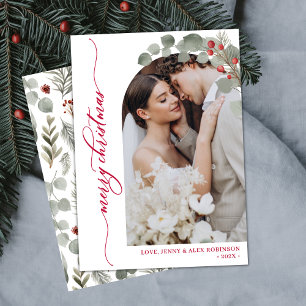 Cartes Pour Fêtes Annuelles Élégant Rouge Script Foliage Photo Arch Noël