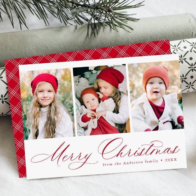 Cartes Pour Fêtes Annuelles Élégant Rouge Script Joyeux Noël 3 Photo (Créateur téléchargé)