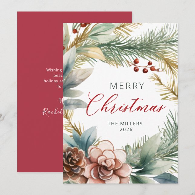 Cartes Pour Fêtes Annuelles Élégant Rouge Script vert Wreath Noël (Devant / Derrière)