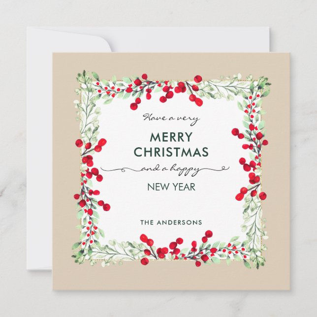 Cartes Pour Fêtes Annuelles Élégant Rouge Vert hiver Botanique Beige Noël (Devant)