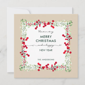 Cartes Pour Fêtes Annuelles Élégant Rouge Vert hiver Botanique Beige Noël