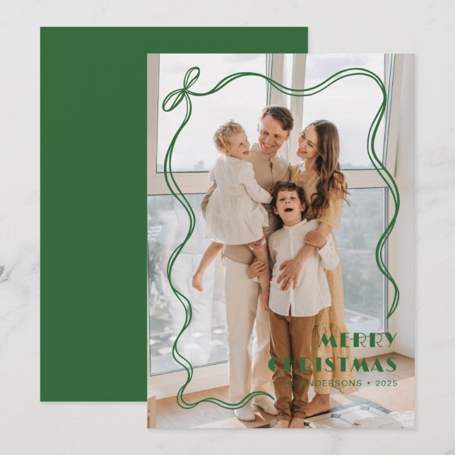 Cartes Pour Fêtes Annuelles Élégant ruban vert Famille Photo Joyeux Noël (Devant / Derrière)