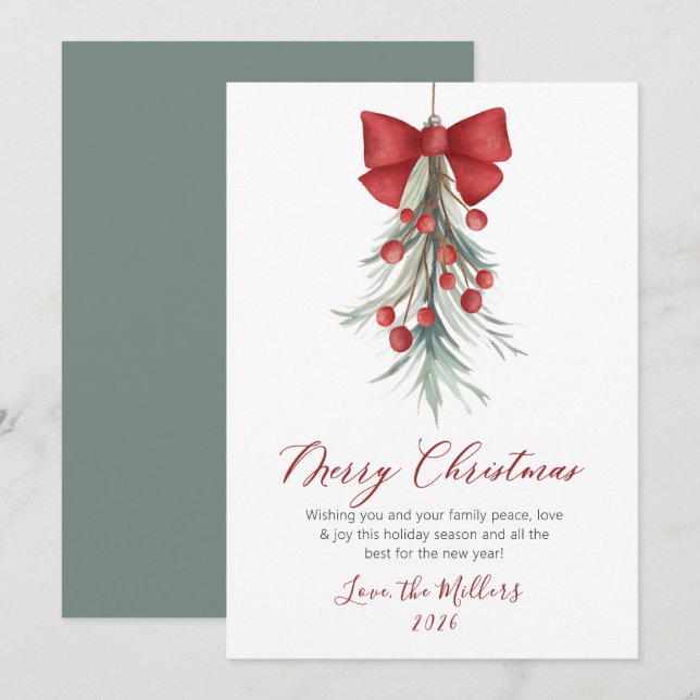 Cartes Pour Fêtes Annuelles Élégant Script aquarelle Noël botanique (Devant / Derrière)