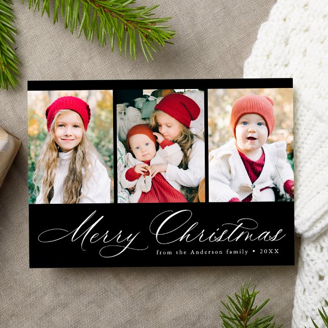 Cartes Pour Fêtes Annuelles Élégant Script Black Joyeux Noël 3 Photo (Créateur téléchargé)