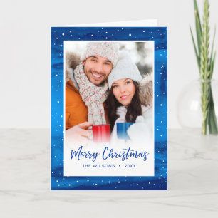Cartes Pour Fêtes Annuelles Élégant Script Blue Snow Joyeux Noël Photo