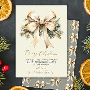 Cartes Pour Fêtes Annuelles Élégant Script Botanique Beige Doré Noël Nœud