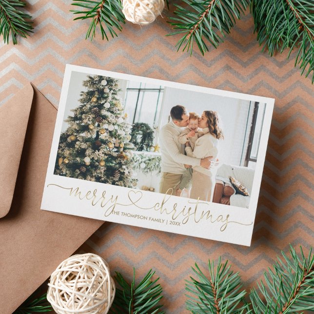 Cartes Pour Fêtes Annuelles Élégant Script Coeur Or Joyeux Noël Photo (Créateur téléchargé)