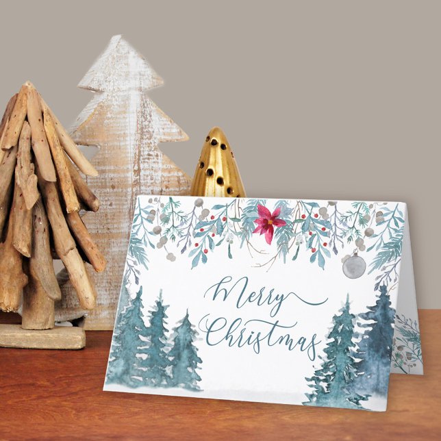 Cartes Pour Fêtes Annuelles Élégant script de feuillage de forêt d'hiver (Merry Christmas Card. Buy professionally printed or as a printable digital download.)