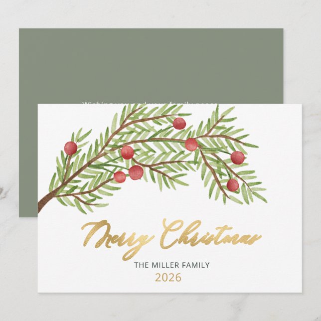 Cartes Pour Fêtes Annuelles Élégant Script de verdure Berries rouges Noël (Devant / Derrière)