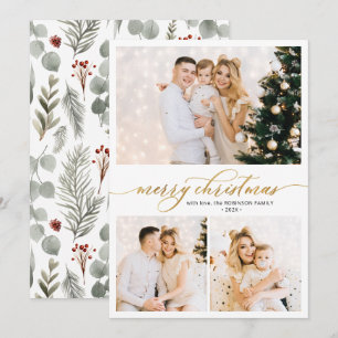 Cartes Pour Fêtes Annuelles Élégant Script de verdure Foliage 3 Photo Noël