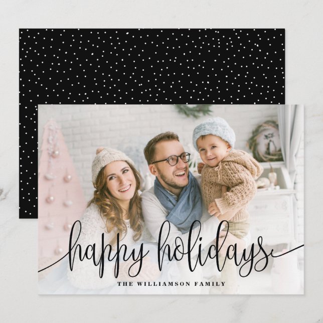 Cartes Pour Fêtes Annuelles Élégant Script Full Photo Happy Holidays Black (Devant / Derrière)
