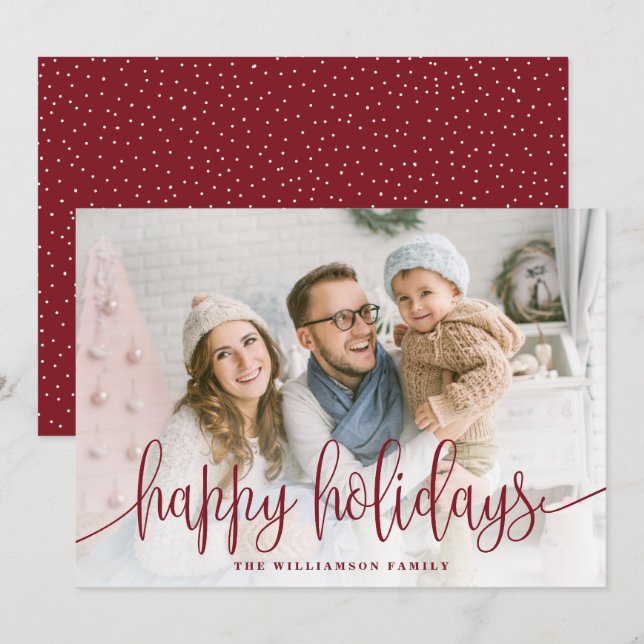 Cartes Pour Fêtes Annuelles Élégant Script Full Photo Joyeux Vacances Rouge (Devant / Derrière)