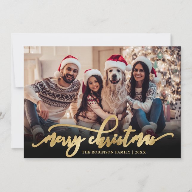 Cartes Pour Fêtes Annuelles Élégant Script Gold Script Black 2 Photo Noël (Devant)
