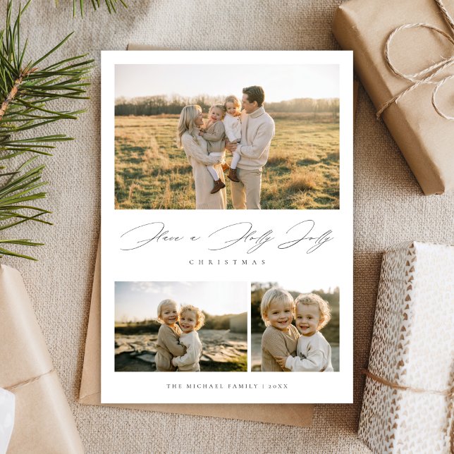 Cartes Pour Fêtes Annuelles Élégant Script Holly Jolly Noël photo rustique (Créateur téléchargé)