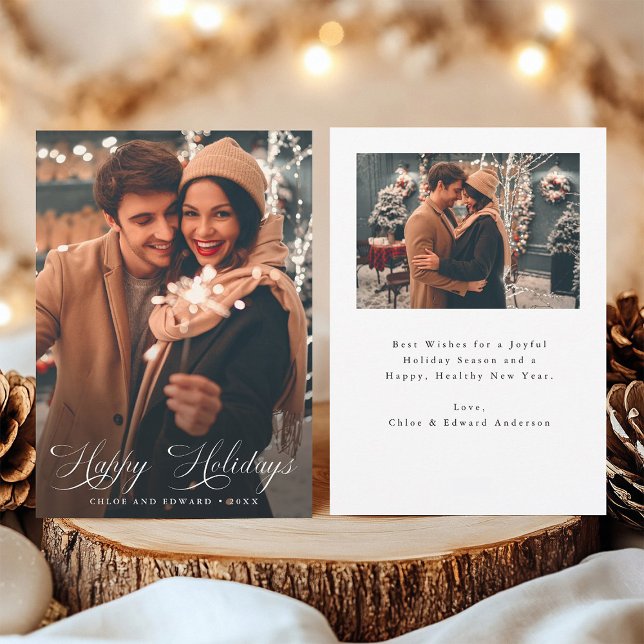 Cartes Pour Fêtes Annuelles Élégant Script Joyeux Jours fériés Noël 2 Photo (Front & Back)