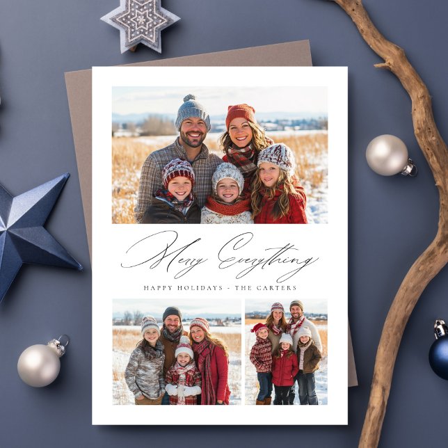 Cartes Pour Fêtes Annuelles Élégant Script Joyeux Tout 3 Photo Noël (Créateur téléchargé)
