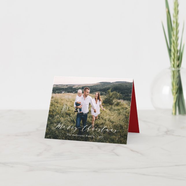 Cartes Pour Fêtes Annuelles Élégant script minimal de Noël photo festif rouge (Devant)