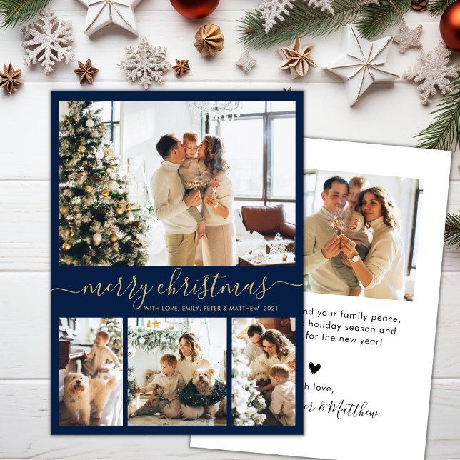 Cartes Pour Fêtes Annuelles Élégant Script Navy 4 Photo Collage Noël (Créateur téléchargé)