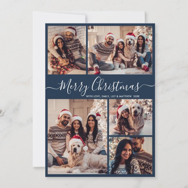 Cartes Pour Fêtes Annuelles Élégant Script Navy 5 Photo Collage Noël (Devant)