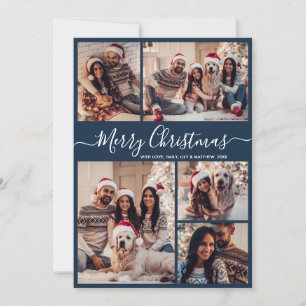 Cartes Pour Fêtes Annuelles Élégant Script Navy 5 Photo Collage Noël