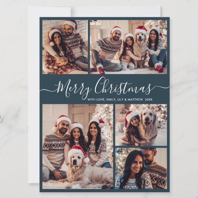 Cartes Pour Fêtes Annuelles Élégant Script Navy 5 Photo Collage Noël (Devant)