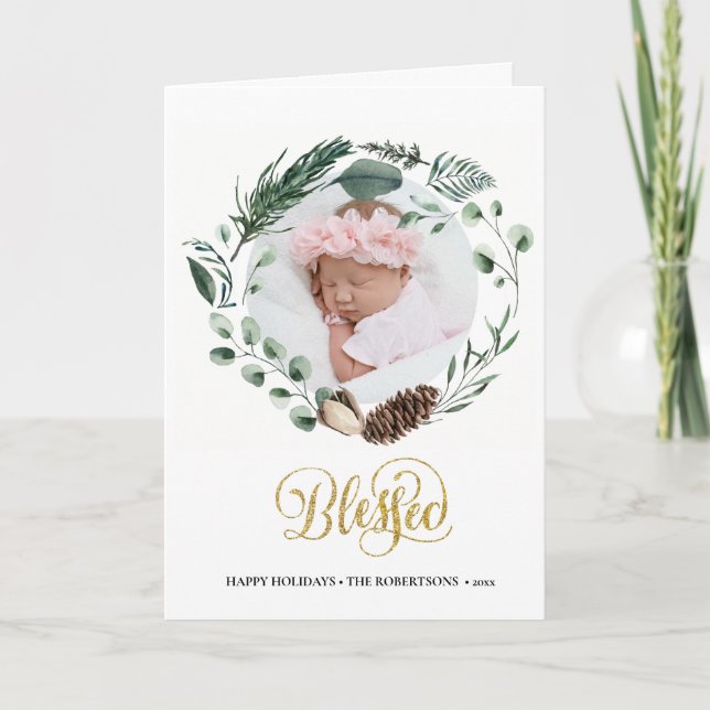 Cartes Pour Fêtes Annuelles Elégant Script Or Eucalyptus Foliage Verdure (Devant)