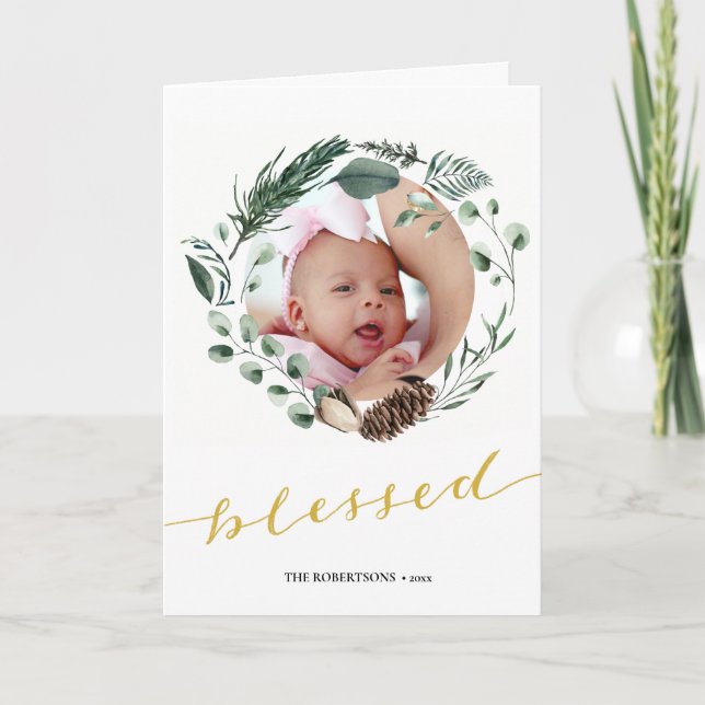 Cartes Pour Fêtes Annuelles Elégant Script Or Eucalyptus Foliage Verdure (Devant)