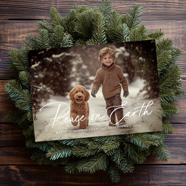 Cartes Pour Fêtes Annuelles Élégant Script Paix sur Terre Photo Noël (Shown on a 5' x 7" card)