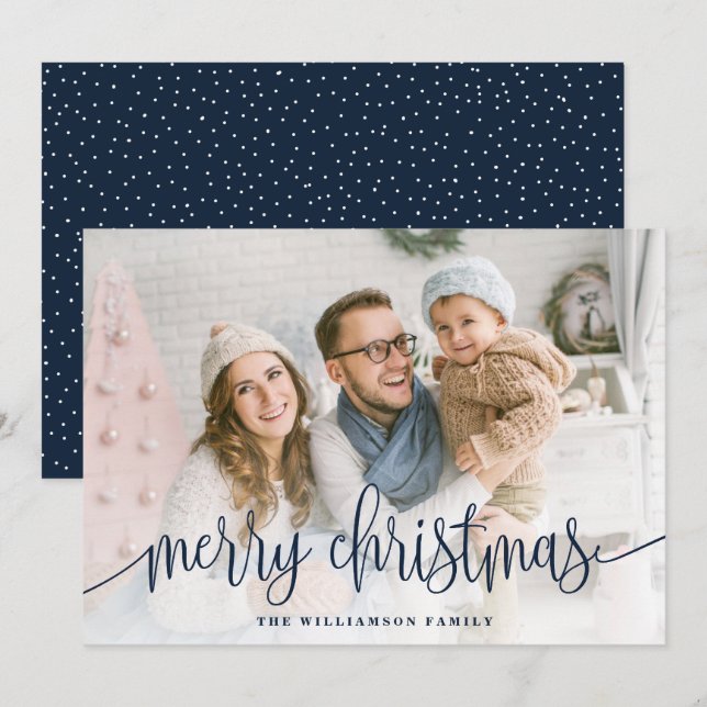 Cartes Pour Fêtes Annuelles Élégant Script photo pleine Joyeux Noël Marine (Devant / Derrière)