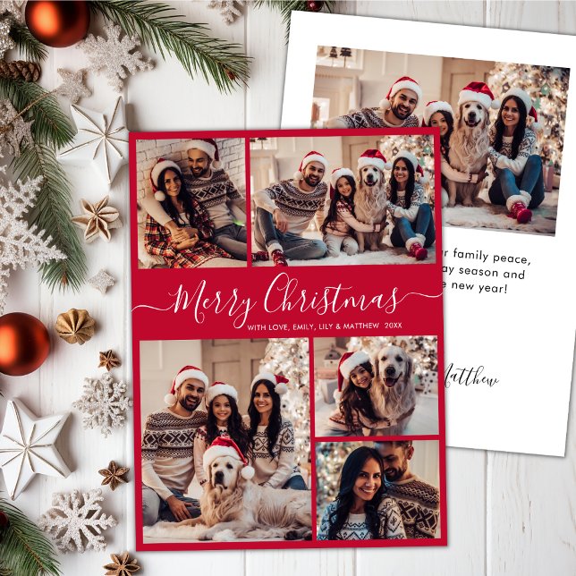 Cartes Pour Fêtes Annuelles Élégant Script Red 5 Photo Collage Noël (Créateur téléchargé)