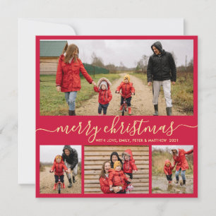 Cartes Pour Fêtes Annuelles Élégant Script Red Gold Photo Collage Noël
