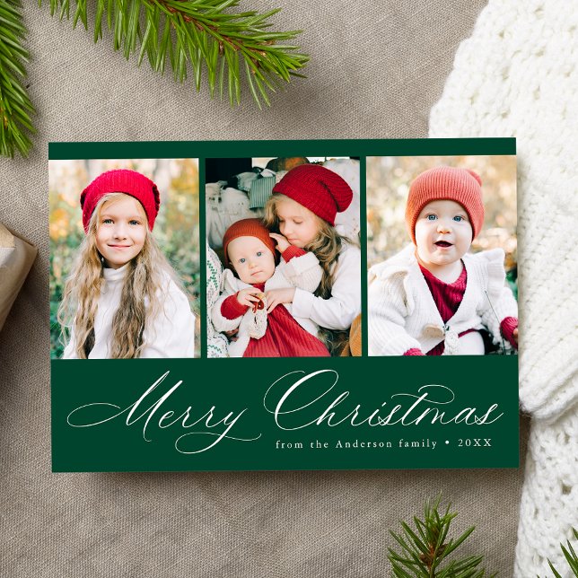 Cartes Pour Fêtes Annuelles Élégant Script Vert Joyeux Noël 3 Photo (Créateur téléchargé)