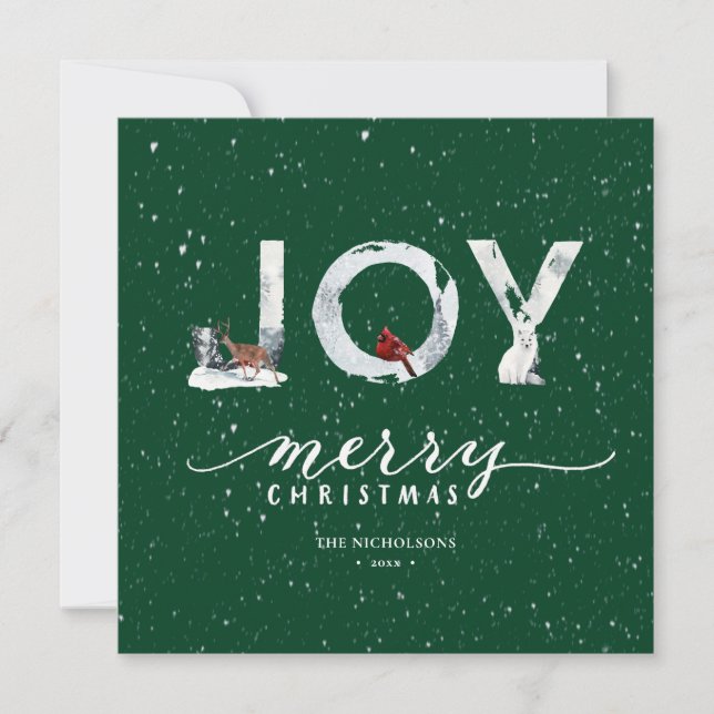 Cartes Pour Fêtes Annuelles Élégant script vert moderne JOIE Blanche Neige Ove (Devant)