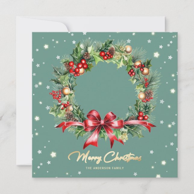 Cartes Pour Fêtes Annuelles Élégant Script Wreath Green Photo Joyeux Noël (Devant)